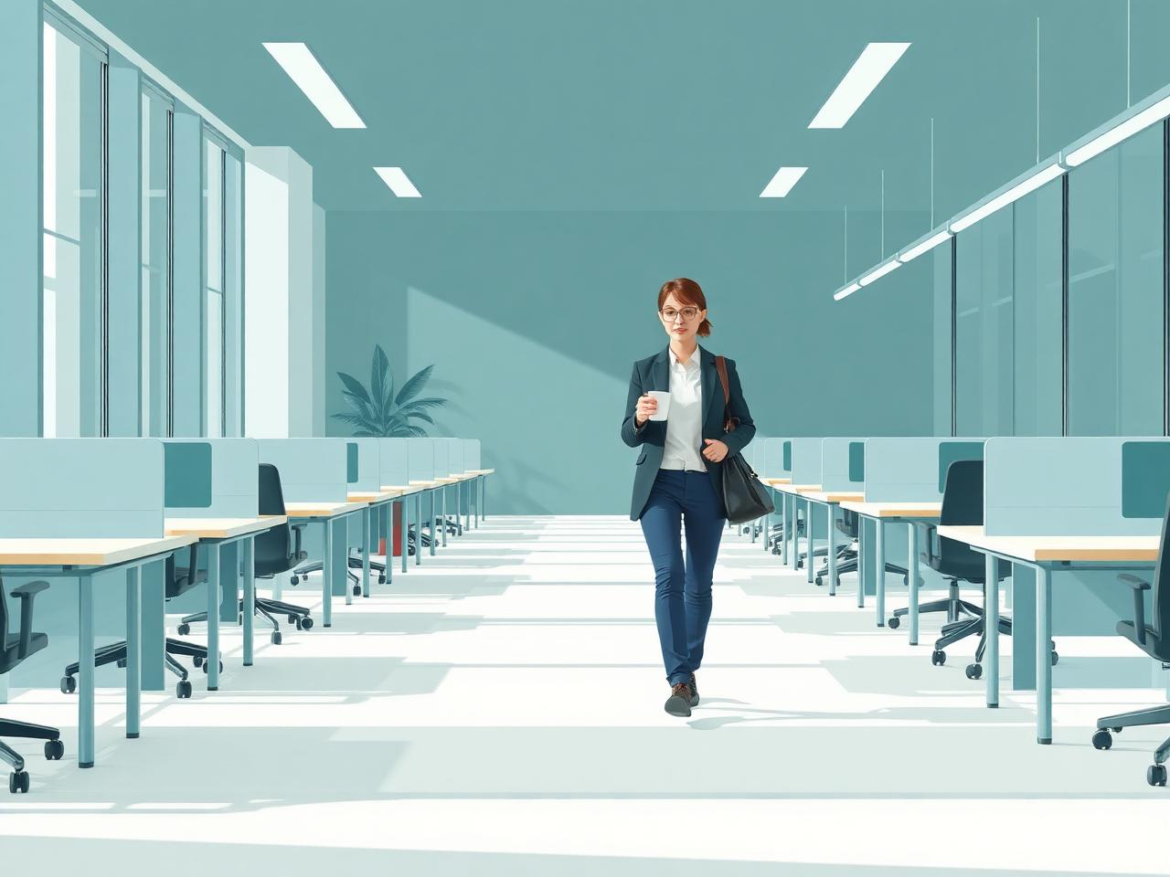 A person arriving at a bright office in the morning holding a coffee