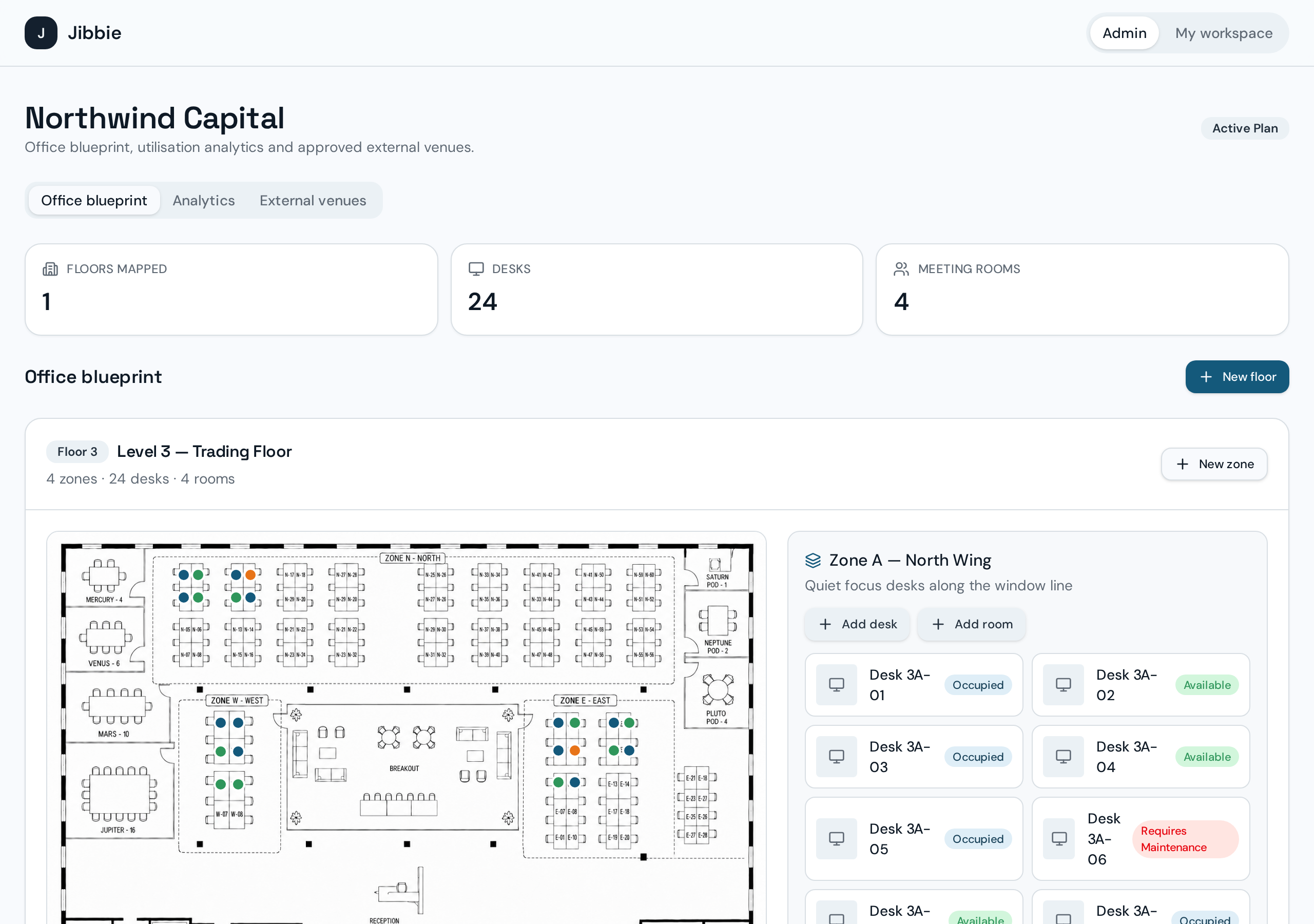 Jibbie admin office blueprint builder listing floors, zones, desks and meeting rooms