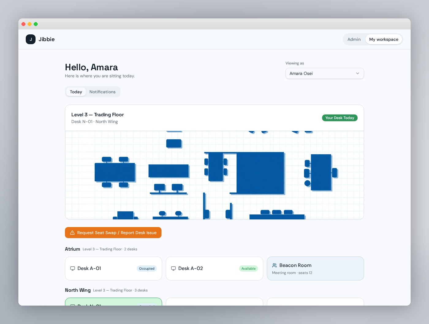 Jibbie employee view showing today's automatically allocated desk highlighted on an interactive floor plan